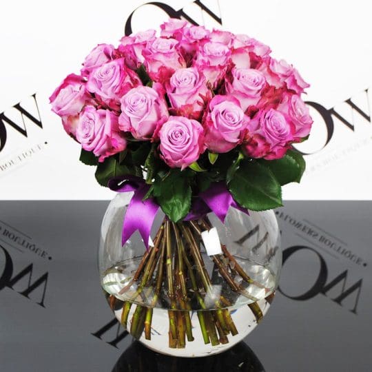 Violetinės rožės vazoje