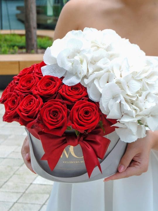 Raudonos rožės su hortenzija